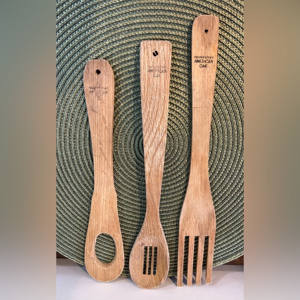 Vintage Set of 3 American Oak Wood Kitchen Utensils Good Used Condition See Pics